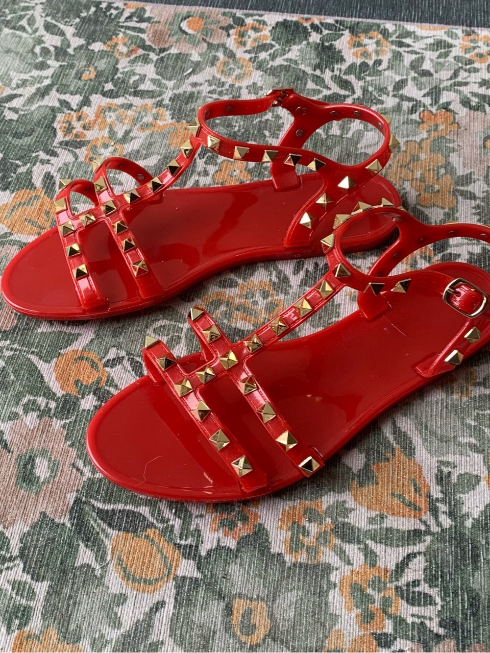 Women's Red Studded Jelly T-Strap Sandals